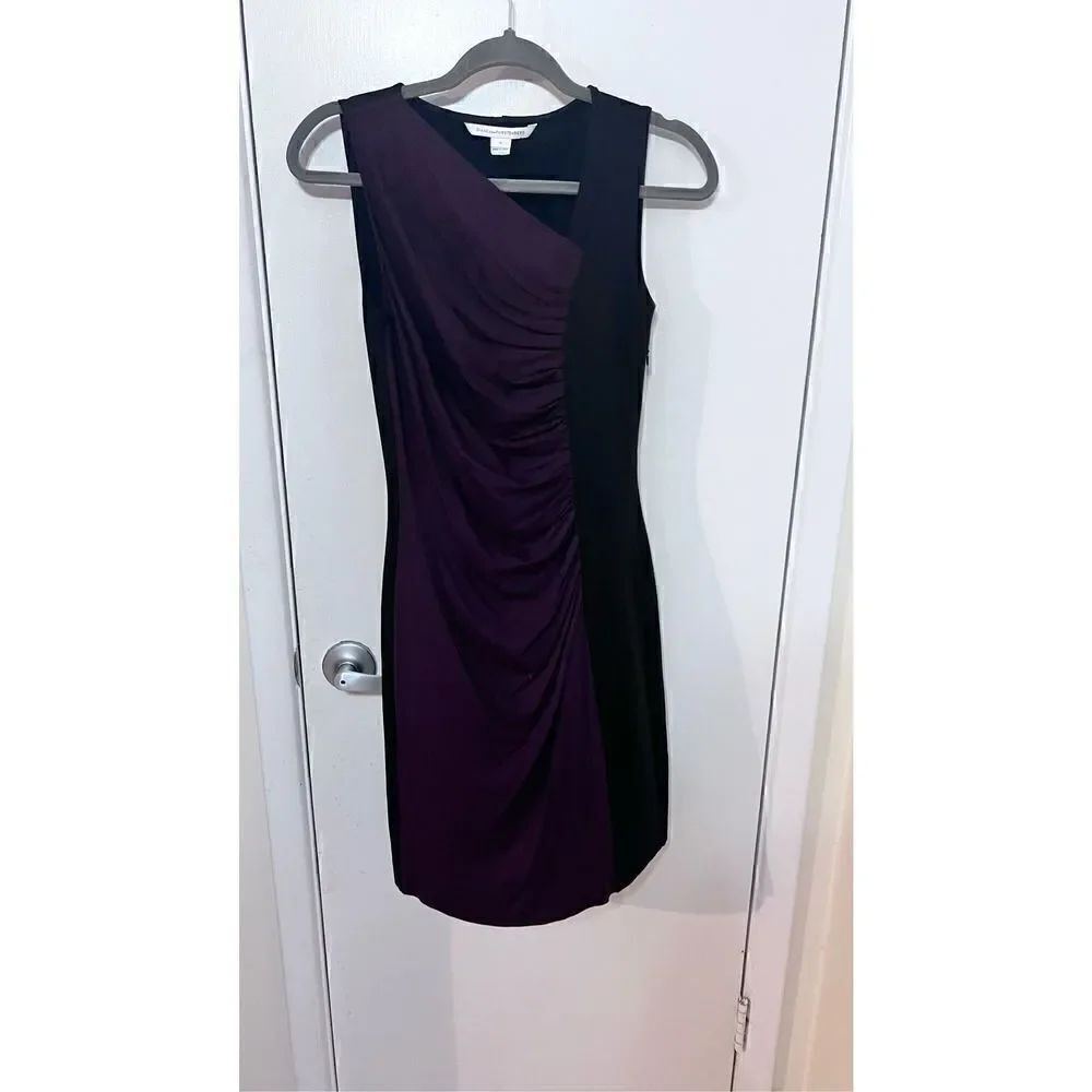DIANE VON FURSTENBERG GLADYS SHIRRED PURPLE BLACK RUCHED DRESS SZ 2